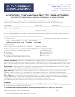 South Cumberland Medical Associates Authorization Form to Release Form available for download